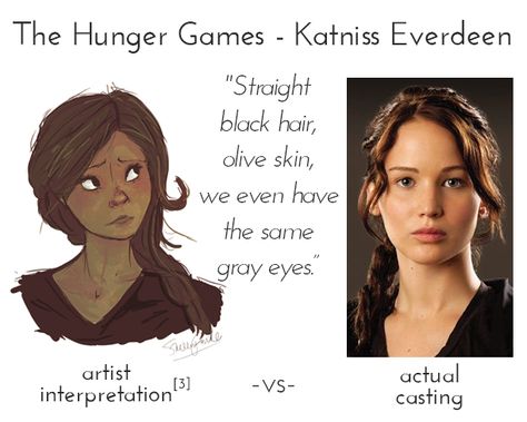 "Katniss Everdeen  "Straight black hair, olive skin, we even have the same gray eyes."" Fans in support of dominant representations of the white race are not the only one's concerned and speaking up. The above picture expresses questions as to why katniss was not casted as a black female even when there is evidence in descriptions found in the book that capture her as a black woman. This highlights the continuous critical fan discourse about casting of characters for the movie. Katniss Everdeen Book Description, Katniss Everdeen Book Fan Art, Book Katniss Fanart, Lucy Gray Hunger Games Fanart, Katniss Everdeen Art, The Hunger Games Book Fanart, Katniss Everdeen Fan Art, Hunger Games Jokes, Hunger Games Katniss