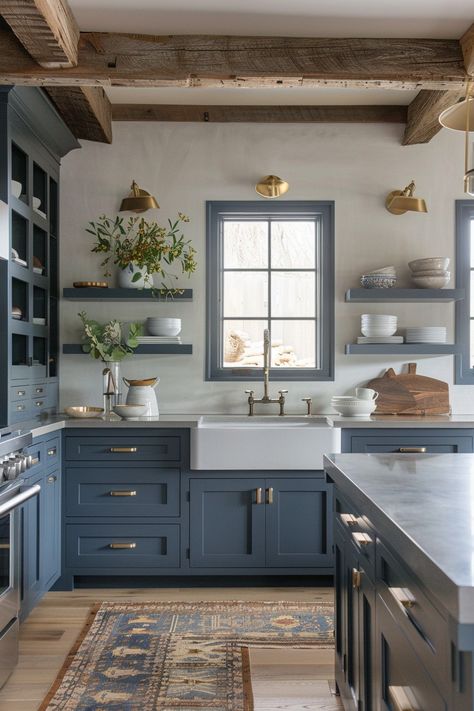 Kitchen Remodel Open Concept, Antique Blue Kitchen Cabinets, Blue Wooden Kitchen Cabinets, Boho Kitchen Blue, Wood And Blue Kitchen, Blue Italian Kitchen, Dark Blue Kitchen Aesthetic, Cottagecore Kitchen Aesthetic Blue, Powder Room Redo