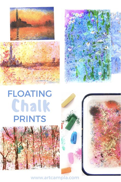 Impressionism Art Lesson, Floating Chalk Prints, Monet Art Lesson, Spring Middle School Art Projects, Kids Art Projects Summer, Monet Inspired Art For Kids, Claude Monet Art Projects For Kids, Process Art For Adults, Monet Kids Art Projects