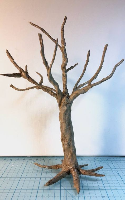 Here’s my tutorial for making trees from wire and brown packing paper and glue. Newspaper would works just as well. I’ve made 6 so far and each time I make one I get better at it. You can make these spooky trees pretty quickly. This is a fairly photo-heavy post to help you better visualize … Paper Mache Tree, How To Make Trees, Brown Packing Paper, Cardboard Tree, Tree Props, Spooky Tree, Tree Tutorial, Twisted Tree, Spooky Trees