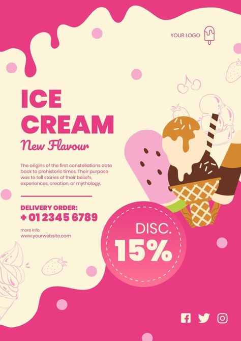 Hand-drawn Ice Cream Delivery Poster Ice Cream Flyer Design Ideas, Ice Cream Layout Design, Ice Cream Poster Design Ideas, Ice Cream Social Media Content, Cute Advertisement Poster, Ice Cream Poster Design Creative, Advertisment Posters Ideas, Ice Cream Poster Advertising, Ice Cream Design Ideas