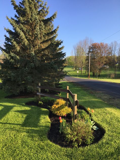 Split Rail Landscaping Ideas, Landscaping Country Home, Front Yard Acreage Landscaping, Driveway Entrance Landscaping Fence, Landscaping By Road, Simple Country Landscaping, Landscaping On Acreage, Landscaping Along Property Line, Roadside Landscaping Ideas