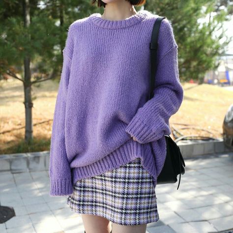 Lavender Jumper Outfit, Bright Purple Sweater Outfit, Oversized Purple Sweater Outfit, Purple Sweater Outfit Work, Light Purple Turtleneck Outfit, Purple Knit Sweater Outfit, Lavender Sweater Outfit, Purple Crochet Sweater, Purple Sweater Outfit