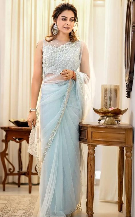 Pastel Net Saree, Pastel Color Sarees Party Wear, Powder Blue Dress Wedding, Pastel Colour Saree, Pastel Blue Saree, Anusree Nair, Light Blue Saree, Chiffon Saree Party Wear, Net Saree Blouse Designs