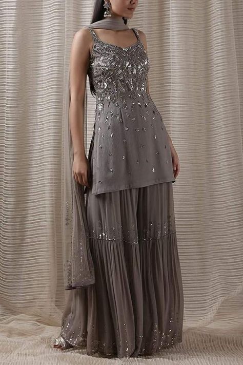 Grey Sharara, Grey Dupatta, Flared Sharara, Grey Kurta, Indian Wedding Gowns, Kurta Sharara Set, Clothing Rental, Kurta Sharara, Indian Outfits Lehenga