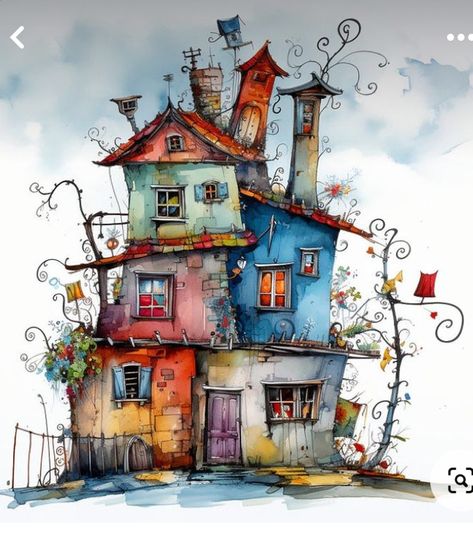 Whimsical Buildings, Houses Watercolor, Whimsical Treehouse, Watercolor Buildings, Vintage Modern Bathroom, Whimsical House, Whimsical Houses, House Paintings, Whimsy Art