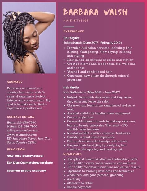 Want to create or improve your Hair Stylist Resume? The resume is a key document in the placement process. Check out our samples resumes or guidance & find the right template for the job. #resume #job #career #CareerAdvice #resumetips #JobSearchingtips Hair Stylist Resume, Hairstylist Resume Template, Sports Resume, Fashion Stylist Resume, Hairstylist Resume, Cosmetology Business, Makeup Artist Resume, Business Analyst Resume, Free Resume Examples