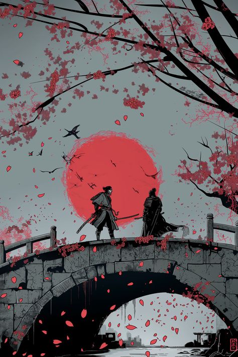 Samurai Duel, Samurai Artwork, Sakura Tree, Splash Page, Ninja Warrior, Samurai Art, Art Japonais, Rising Sun, Anime Background