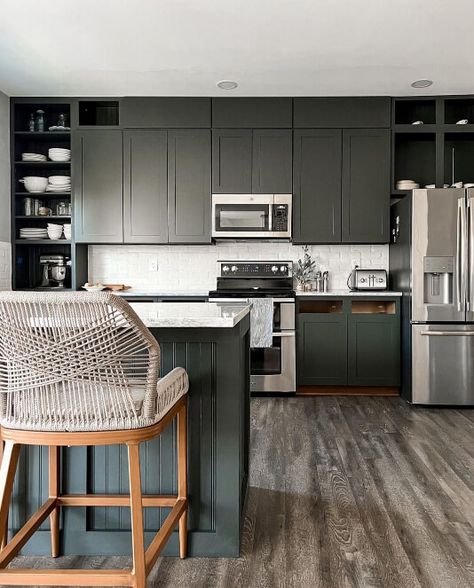 Rock Bottom by Sherwin Williams (Review and Dupes!) SW 7062 - Mod & Mood Gray Green Paint Colors, Refacing Cabinets, Green Grey Paint, Black Paint Color, Dark Paint Colors, Green Kitchen Cabinets, House Color Palettes, Sherwin Williams Colors, Green Paint Colors