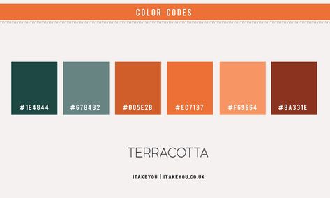 Terracotta color scheme with brown and dark sage accents 1 - I Take You | Wedding Readings | Wedding Ideas | Wedding Dresses | Wedding Theme Terracotta Color Scheme, Warm Autumn Color Palette, Red Color Names, Teal Color Scheme, Vintage Telescope, Teal Color Schemes, Brand Colour Schemes, Autumn Color Palette, Teal Interiors