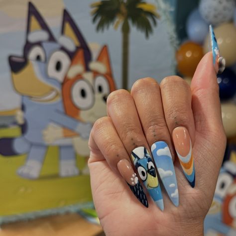 Xin is Two-y with BLUEY !! 🐶🩵💙🦴🐾 I had to do some super cute @officialblueytv press ons for his 2nd birthday! #bluey #blueynails #toddlerbirthday #boymom #bluenails #chicagonails #character #characternails #handpainted #handpaintednailart Bluey Theme Nails, Bluey Bingo Inspired Nails, Bluey Nail Art Designs, Bluey Cartoon Nails, Bluey And Bingo Nails, Bluey Themed Nails, Bluey Nails Ideas, Bluey Cartoon Nail Art, Bluey Nail Design