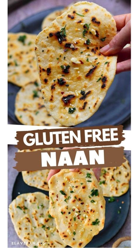 This gluten-free naan bread uses just 6 vegan base ingredients and around 20 minutes. Not only is this Indian flatbread incredibly simple to make, but as it’s yeast-free, it’s also super quick. Plus, this recipe is dairy-free, egg-free, and can be made low-FODMAP too! #vegannaan #glutenfreenaan #Indianflatbread #Indianbread #quicknaan #elasrecipes | elavegan.com Gluten Free Dairy Free Naan Bread, Easy Gluten Free Naan, Dairy Free Egg Free Gluten Free Recipes, Oat Flour Naan, Namaste Flour Recipes Gluten Free, Low Fodmap Dairy Free Recipes, Gluten Free Naan Bread Easy, Gluten Free Vegan Naan, Gf Naan Bread