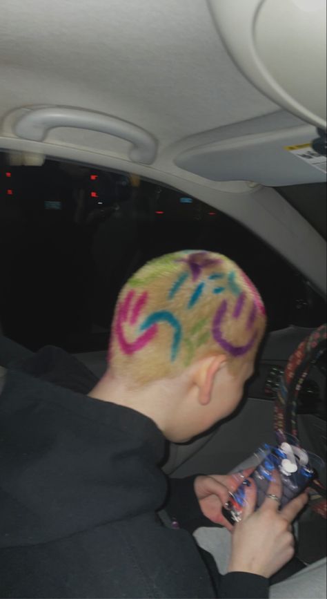 Colorful smiley  faces over platinum blonde buzz cut Smiley Face Hair Design, Smiley Face Buzzcut, Bleached Shaved Head, Buzz Cut Colored Hair, Buzz Cut Women Dyed, Colored Buzzcut, Buzz Cut With Design, Buzz Cut Art, Painted Buzzcut