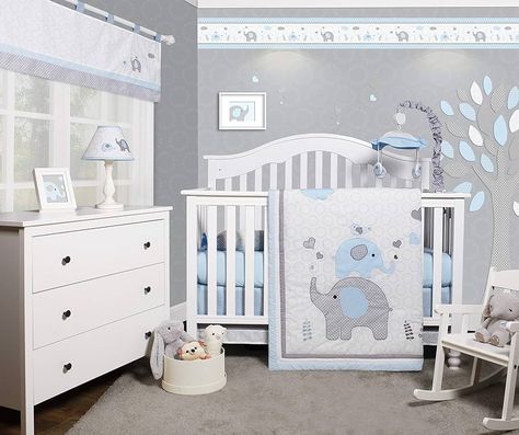 Amazon.com: OptimaBaby 5-Piece Baby Crib Bedding Set - Crib Quilt, Skirt, Fitted Sheet, Window Valance, Accent Pillow - Baby Boy, Girl Room Nursery Decor and Bedding Ensemble - Blue Grey Elephant : Baby Crib Sets For Boys, Elephant Baby Bedding, Best Baby Cribs, Baby Crib Sets, Baby Boy Crib Bedding, Baby Bedding Set, Baby Boy Cribs, Baby Crib Bedding Sets, Baby Boy Bedroom