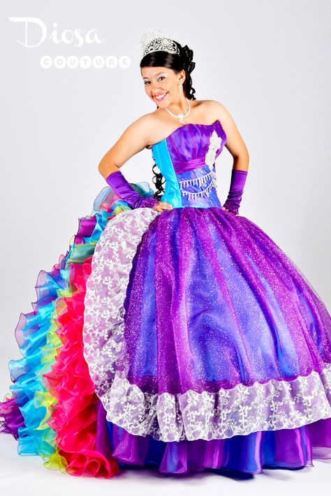 Fairytale Strapless Quinceanera Gown Featuring Cascading Rainbow Ruffles Ugly Quinceanera Dresses, Rainbow Quinceanera Dresses, Cheap Quinceanera Dresses, Ugly Dresses, Sweet 15 Dresses, Pretty Quinceanera Dresses, Rainbow Wedding, Ball Gown Skirt, Rainbow Dress