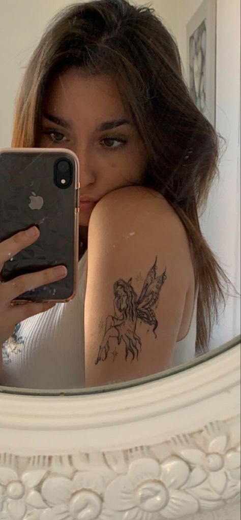 Upper Arm Fairy Tattoo, Fairy Tattoo Back Of Arm, Elegant Fairy Tattoo, Fairy Shoulder Tattoo For Women, Fairy Tattoo Placement Ideas, Shoulder Tattoo Grunge, Fairy Like Tattoos, Fairy Tattoo Shoulder, Fairy Collar Bone Tattoo