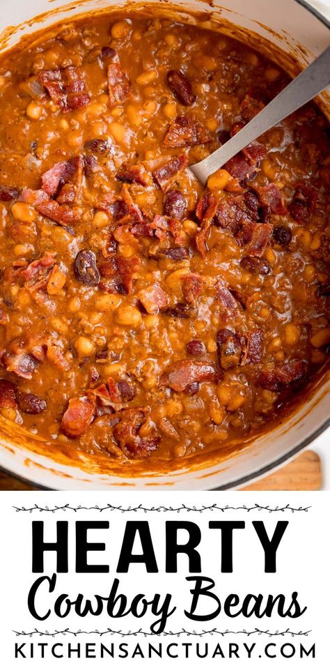 Hearty Cowboy Beans combine rich smoked bacon, tender beef, and savory baked beans for a comforting, flavor-packed dish. With the perfect balance of BBQ sauce, Worcestershire, and Dijon mustard, this recipe is a crowd-pleaser. Enjoy the smoky, sweet flavors of this hearty meal, ideal for chilly nights or a BBQ side. A true comfort food favorite! Roast Dinner Sides, Chicken And Potato Curry, Homemade Slaw, Kitchen Sanctuary, Creamy Pasta Bake, Stew And Dumplings, Cowboy Beans, Bbq Side, Minced Beef