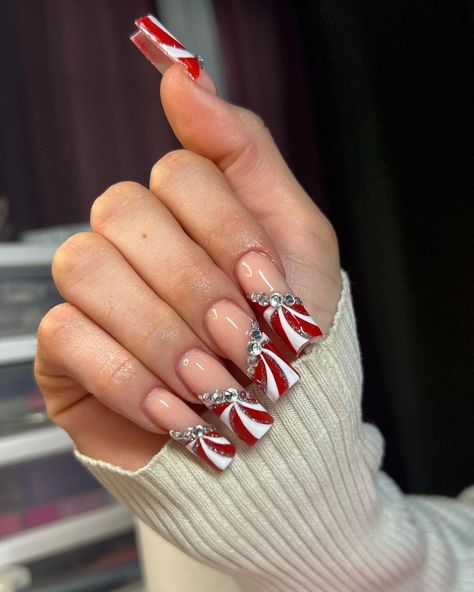 Candy Cane Square Nails, Candy Cane Nails Square, Red Nails With Rhinestones Simple, Candy Cane Nail Designs, Winter Nails Colors, Gel Ideas, Subtle Nail Art, Long Square Nails, Candy Cane Nails