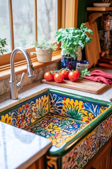 What if your sink could blend perfectly into your counter? This built-in Boho kitchen sink creates a seamless look with a marble countertop, offering both elegance and functionality. It’s low-key and minimalist, perfect for balancing vibrant bohemian kitchen decor. Add this sleek option to achieve effortless sophistication. Tiles Sink Kitchen, Tile Sink Kitchen, Tiled Sink Kitchen, Tiled Kitchen Sink, Boho Kitchen Sink, Tiled Sink, Cool Sinks, Kitchen Sink Inspiration, Enamel Sink