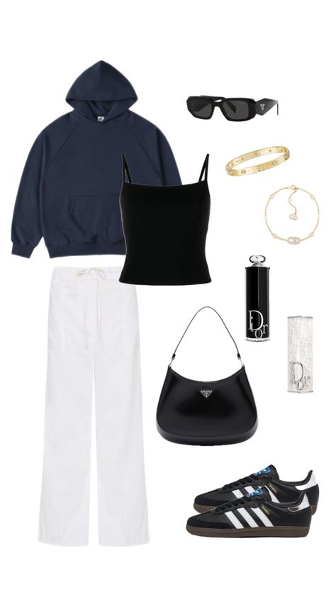 dark colours outfit inspo White Adidas Outfit, Blue Linen Pants Outfit, Blue Hoodie Outfit, Cartier Diamond Bracelet, Linen Pants Black, Samba Outfits, Dior Bracelet, Blue Linen Pants, Uni Outfit