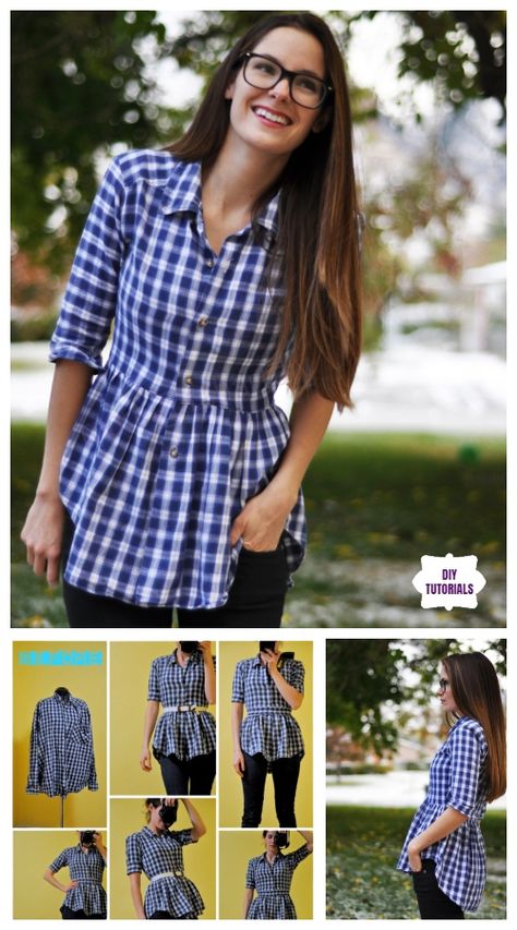 Creative Ideas to Repurpose Old Shirts into New Fashion - Turn men shirt into peplum Top Tutorial Mens Shirt Refashion, Diy Clothes Refashion, Upcycle Shirt, Sewing Clothes Women, Trendy Sewing, Shirt Refashion, Old Shirts, Blouse Diy, Refashion Clothes