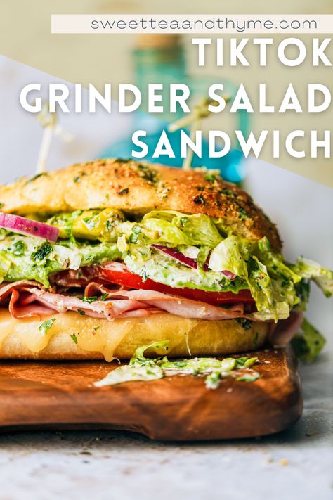 This is the best version of the tiktok grinder sandwich, with tons of italian seasoning, a variety of meats, crunchy tangy salad, and classic italian sub dressing. It's one of my family's favorite sandwich recipes and I know it'll be yours as well! Grinder Sandwiches Tiktok, Italian Sub Dressing, Tiktok Grinder Sandwich, Tiktok Grinder, Sandwich Tiktok, Grinder Sandwiches, Grinder Dressing, Italian Subs, Lite Meals