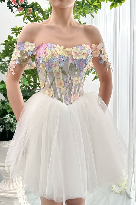 MissJophiel Corset 3D Floral Dress with Removable Off Shoulders Corset Floral Dress, 3d Floral Dress, Floral Floor, Floral Embellishment, Two Piece Homecoming Dress, Lavender Floral, Pretty Prom Dresses, Short Prom Dress, Fairytale Dress