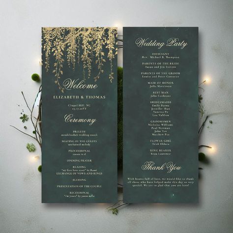 Enchanted Forest Gold Vine Elegant Wedding Program Fairy Garden Theme, Fall Wedding Programs, Summer Fall Wedding, Elegant Wedding Programs, Enchanted Forest Theme, Modern Wedding Ceremony, Forest Setting, Fairytale Forest, Magic Dust