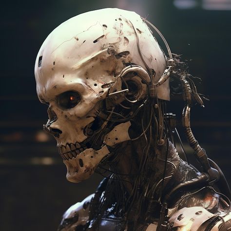 A robot with a skull and red eyes is sta... | Premium Photo #Freepik #photo #terminator #robot #bot #humanoid-robot Terminator Robot, Robot Skull, Villain Design, A Dark Room, Humanoid Robot, The Marshall, A Robot, Robot Art, A Skull