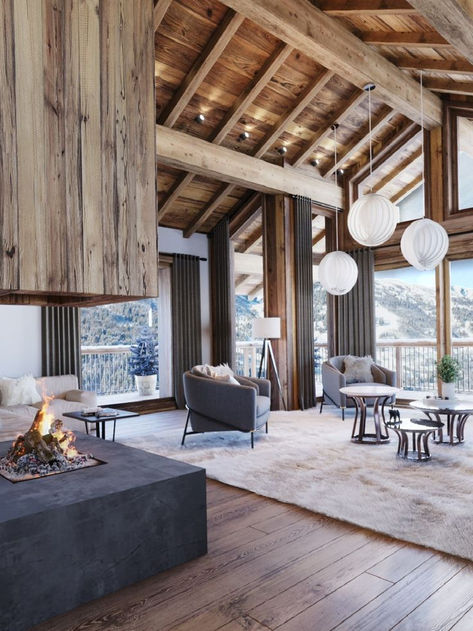 Escape to Modern Alpine Luxury: Our ski chalet blends contemporary design with cozy comfort. Warm up by the stone and glass fireplace, surrounded by rustic charm. Embrace the beauty of modern mountain living. 🏔️🔥 #SkiChalet #MountainLiving #ModernDesign #CozyHome #RusticCharm #AlpineLuxury #WinterRetreat #FireplaceMagic #HomeInspiration #ContemporaryLiving #PinterestTrends Modern Chalet Interior, Ski Chalet Interior, Chalet Living Room, Luxury Chalet Interior, Chalet Interior Design, Alpine House, Mountain Interiors, Modern Chalet, Chalet Interior