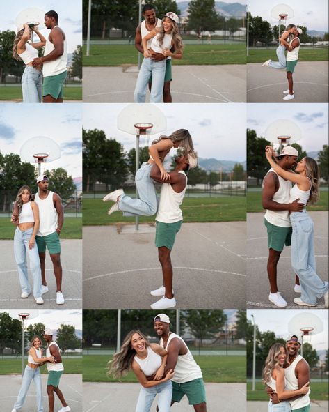 Couple photoshoot at an outdoor basketball court. Athletic Couple Photoshoot, Nike Engagement Photos, Engagement Photos Basketball, Family Basketball Photo Shoot, Basketball Court Engagement Photos, Love And Basketball Photo Shoot, Basketball Family Photoshoot, Couples Basketball Pictures, Couple Basketball Picture Ideas