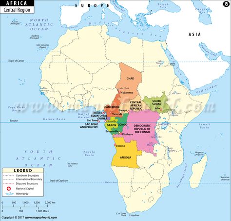 Map showing international boundaries of countries lying in Central Africa Elementary Classroom Rules, Latin America Map, Zip Code Map, Africa Continent, Africa Travel Guide, Physical Map, African Map, Rift Valley, Central Africa