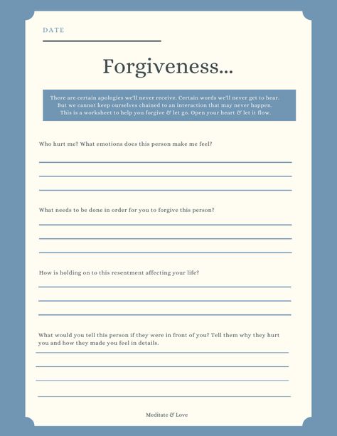 Forgiveness Worksheet- give yourself the apology you may never receive Forgiveness Group Activities, Acceptance Therapy Activities, Forgiveness Therapy Worksheets, Forgiveness Therapy Activities, Apology Worksheet, Self Forgiveness Worksheets, Spirituality Worksheets, Therapy Forgiveness, Forgiveness Therapy