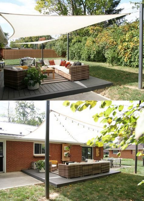 12 creative & attractive shade structures & patio cover ideas such as DIY friendly fabric canopy, shade sails, simple pergolas, vines for sun shades, etc! – A Piece of Rainbow #backyard #gardens #landscape #gardendesign #landscaping #gardenideas #pergola #shadesails #diy #summer #spring #porch #patiodesigns #patio #deck #curbappeal #homeimprovement home improvement, garden design, landscaping, patio decor Outdoor Sun Cover Ideas, Canopy Outdoor Backyard Shade, Sun Sail Patio Ideas, Canopy For Patio, Diy Detached Covered Patio, Triangle Canopy Outdoor Patios, Canopy For Backyard, Patio Sale Shade, Sun Shade Pergola