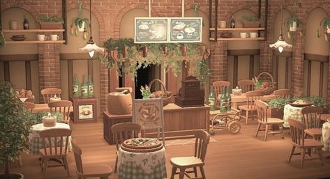 Hhp Cafe Ideas, Restaurant Kitchen Ideas, Animal Crossing Hhp, Cafe Animal Crossing, Acnh Living Rooms Ideas, Animal Crossing Cafe, Cottagecore Animal Crossing, Cafe Exterior, Happy Home Designer