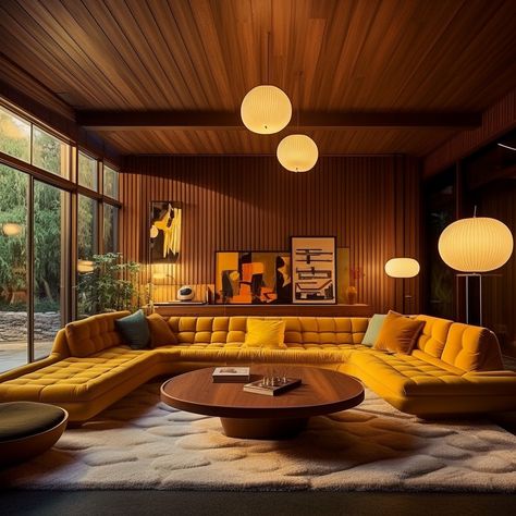 OSAKA LIVING ROOM — Dan O'Kelly | Studio Famous Mid Century Homes, 1979 Home Decor, Mcm Couch Living Room, Japandi Mcm, 80s Home Interior, Wood Paneled Walls Living Room, Tacky Decor, 70s Interior Design, Corporate Interior Design