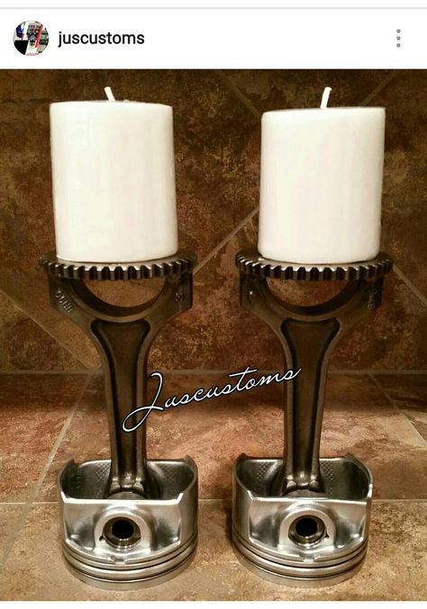 Custom automotive piston candle holders that I made. Check me out on Etsy @ Juscustoms. Home decor, industrial Car Parts Decor Diy, Automotive House Decor, Automotive Home Decor, Mechanics Wedding Theme Decor, Car Parts Art, Repurposed Auto Parts, Piston Art Ideas, Piston Ideas, Candle Stick Decor Ideas