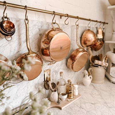 COME AS YOU ARE | Shop Sales Events Antique Farmhouse Copper Pots Display, Pot Rack Kitchen, Copper Kitchen Decor, Italian Farmhouse, Pot Rack Hanging, Brass Pot, French Country Kitchens, Copper Decor, Copper Handles