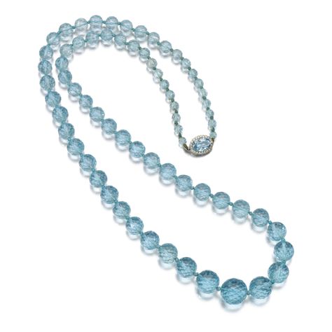 Aquamarine and diamond necklace, 1930s Designed as a graduated line of facetted aquamarine beads, the clasp set with an oval aquamarine and framed by single-cut diamonds, length approximately 800mm, fitted case. Aquamarine Beads Necklace, Jewelry Sketch, Amazing Landscapes, Vintage Jewlery, Beads Work, Jewellery Sketches, Diamond Jewel, Aquamarine Beads, Antique Necklace