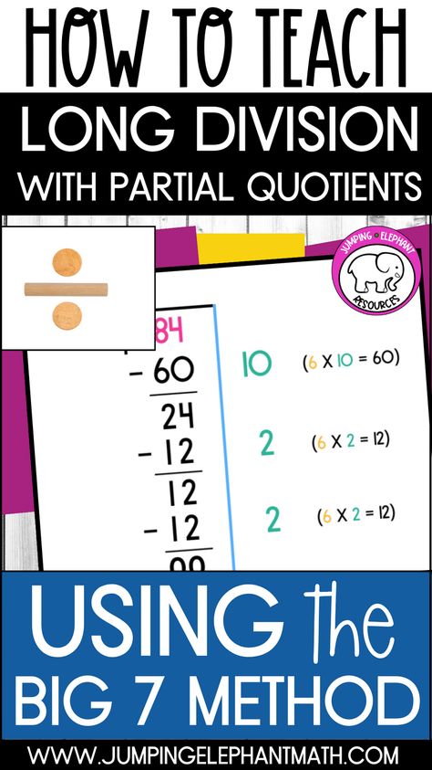 This long division guide for teachers and home educators contains a step by step method for using the big seven division strategy. This division with partial quotients is an effective way to help students in 4th and 5th grade learn to divide multi digit numbers. Division Partial Quotients, Partial Quotient Division Anchor Chart, Division Anchor Chart 4th, Teach Long Division, Third Grade Division, Long Division Strategies, Partial Quotient Division, Long Division Activities, 4th Grade Division