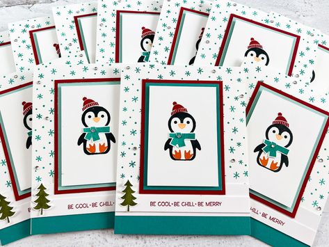 Mass Produce Cards To Save Time & Still Get Lots of Greeting Cards Made Stampin Up Penguin Place Christmas Cards, Heart Web, Penguin Christmas Cards, Penguin Cards, Penguin Card, Pop Up Christmas Cards, Card Sketches Templates, Handmade Christmas Cards, Penguin Party