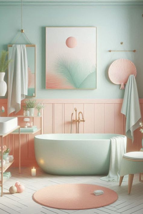 Create a soft and dreamy atmosphere with this harmonious mint and peach palette. Subtle colors for a gentle bathroom ambiance. #PastelBathroom #MintAndPeach Bathroom Ideas Pastel Colors, Blue And Peach Color Palette, Pastel Bathroom Ideas, Mint Color Palettes, Mint Bathroom, Mint Bedroom, Pastel Bathroom, Coral Bathroom, Color Bathroom Design