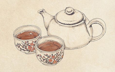 Teapot Sketch, Drawing Ideas Sketching, Teapot Drawing, Step By Step Sketches, Tea Pots Art, Black Tea Leaves, Ginger Peach, Sketching Techniques, Unique Drawings