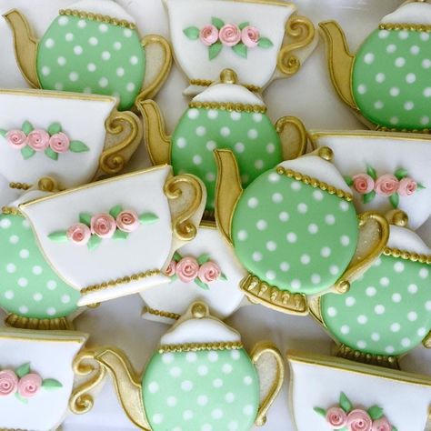 Mothers Day Tea, Tea Party Cookies, Tea Cup Cookies, Pot Cookies, Teapot Cookies, Royal Iced Cookies, Bridal Tea Party, Strawberry Decorations, Tea Party Food