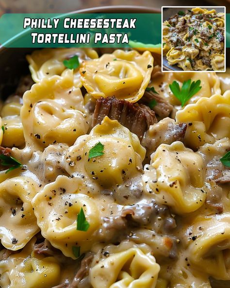 Philly Cheesesteak Tortellini, Cheesesteak Tortellini, Crock Pot Tortellini, Cheese Tortellini Recipes, Easy Chicken Tetrazzini, Steak Pasta, Tortellini Recipes, Tortellini Pasta, Philly Cheesesteak