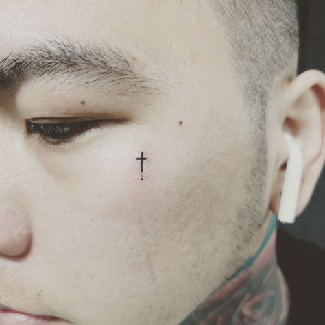 Cross On Face Tattoo, Cross Face Tattoo, Hands Tattoo Design, Mens Face Tattoos, Tiny Cross Tattoo, Praying Hands Tattoo Design, Small Face Tattoos, Praying Hands Tattoo, Half Sleeve Tattoos Forearm