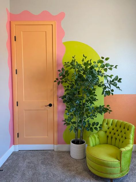 Colorful Front Desk, Maximalist Wall Painting, Quirky Painted Walls, Color Block Wall Mural, Colorful Interior Paint Ideas, Bright Accent Wall Bedroom, Eclectic Accent Wall, Colorful Baseboards, Simple Colorful Home Decor