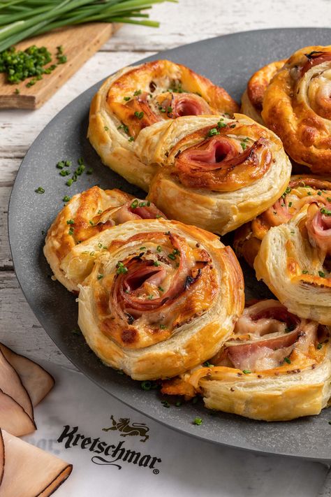 Elegant and understated, these pastry scrolls add a lovely touch to a family brunch or light lunch. Frozen puff pastry makes these impressive bites a snap to ... Ham And Cheese Scrolls, Puff Pastry Scrolls, Ham And Cheese Pastry, Ham And Cheese Roll Ups, Cheese Slice, Muenster Cheese, Grainy Mustard, Turkey Ham, Cheese Pastry