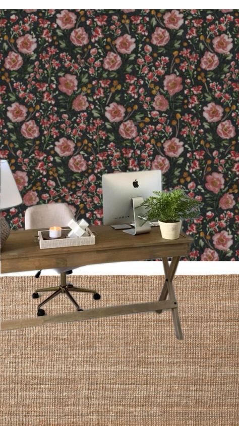 Office mood board, moody wallpaper Moody Floral Wallpaper, Office Mood Board, Boho Office Decor, Office Decor Vintage, Boho Office, Wallpaper Boho, Vintage Desk, Decor Vintage, Floral Wallpaper