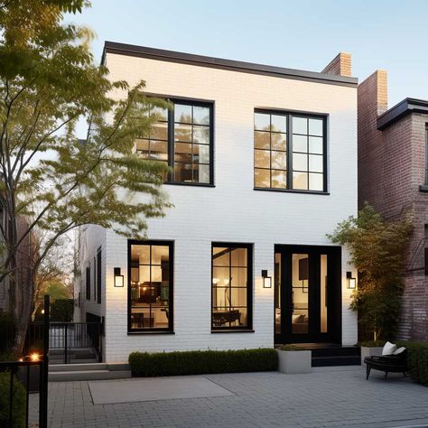 Mastering the Art of White Brick Exteriors with Bold Black Windows • 333+ Inspiring Lifestyle Ideas Black Brick House White Windows, Modern House Design Exterior Front View, Black And White House Exterior Modern Painted Bricks, Black And White Townhouse Exterior, Cream House Black Windows, Cream Brick Black Windows, Traditional Modern Home Exterior Black Windows, Modern Classic House, Modern Townhouse Designs